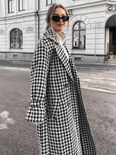 Aurohaya Plaid Wool Coat Long Double Breasted Belted Houndstooth Overcoat Women Elegant Casual